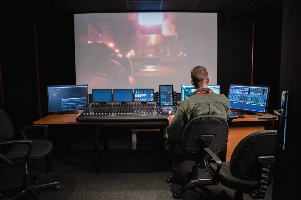 Étudiant à une console de mixage, devant un grand écran de projection